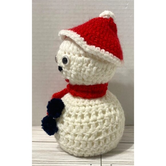 Handmade Crochet Snowman With Santa Hat & Scarf Decoration 8" - Picture 2 of 5